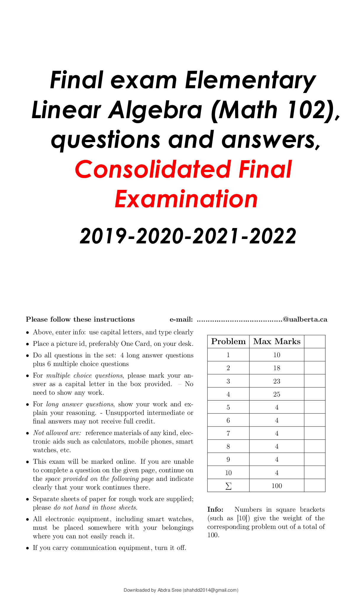 Preview of Final exam Elementary Linear Algebra (Math 102), questions and answers, Consolidated Final